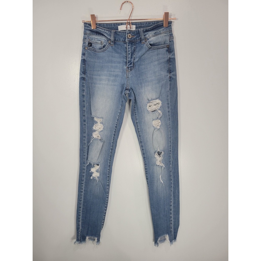 KanCan Women Light Wash Distressed Skinny Jeans Raw Step‎ Hem KC7103M Size 5 26